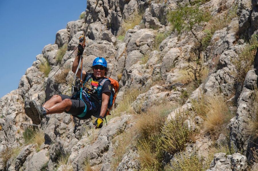 From Granada: Climb Zafarraya's 'Via Ferrata John Hogbin' - The John Hogbin route, pendulum swing, ziplines, and the bridge moments